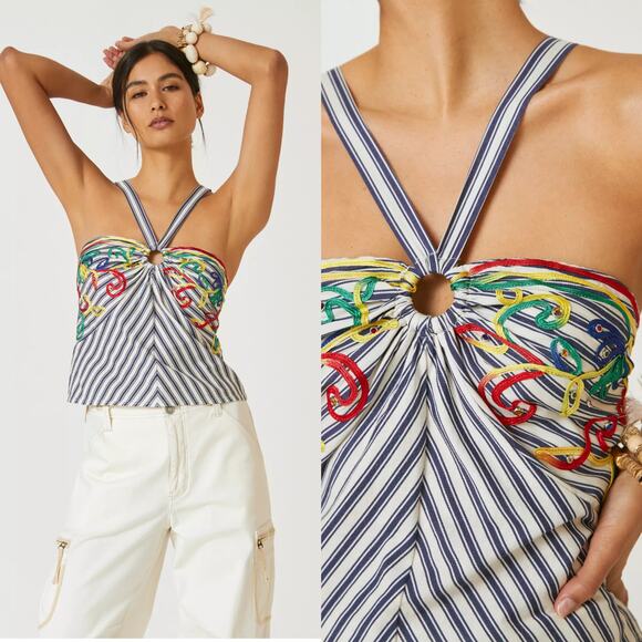New Anthropologie Avril Emroidered Striped Halter Top $110  MEDIUM  Blue - Picture 2 of 6